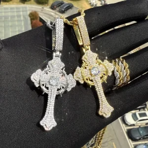 Thorn Cross Pendant Necklace with Large Bail Full CZ Hip Hop Jewelry for Men