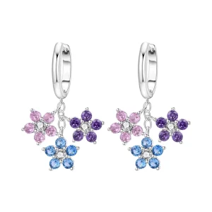 Three Color Crystal Flower Tassel Dangle Earrings, Silver Clip Hoop Design, Engagement Anniversary Party