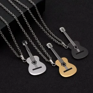 Three Color Rock Punk Acoustic Guitar Shaped Stainless Steel Pendant Necklace Design Personalized Unisex Street Accessory