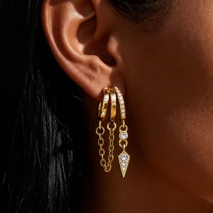 Three Layer Fringe Earrings 18K Gold Plated Stacked Square Pendant with Crystal and Zircon Drop Earrings