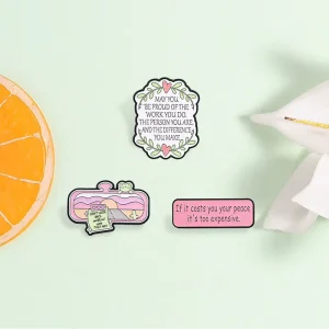 Three Pcs Inspirational Quote Enamel Pin Set Wreath Text Road Bottle Pink Slogan Brooches For Backpack Decor