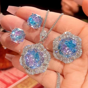 Three Piece Set of High end Luxury Zircon Gradient Blue Pendant Earrings and Rings in Europe and America
