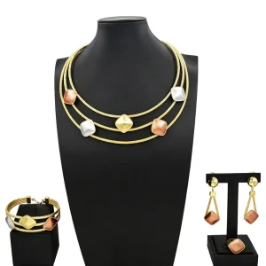 Three Tone Layered Gold Plated 4Pcs Jewelry Set Necklace Bangle Earrings Ring for Wedding Daily Wear HS26009