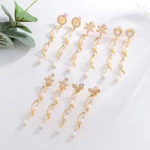 Tianmao Drop Earrings Cute Butterfly Shape Zircon and Pearl Fashionable Brass and Zinc Alloy for Gift