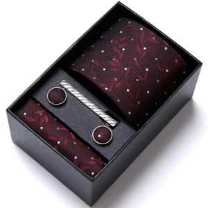 Tie Handkerchief Cufflink Set Necktie Box Red Floral Dot Suit Accessories for Men