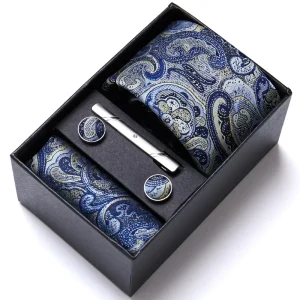 Tie Handkerchief Cufflink Set Necktie Box Wedding Blue Suit Accessories for Men