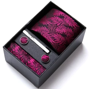 Tie Handkerchief Cufflink Set Necktie Box Wedding Red Floral Suit Accessories for Men