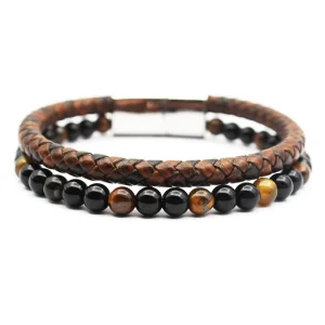 Tiger Eye Stone Genuine Leather Bracelet, Stainless Steel Magnet Clasp, Jewelry for Men