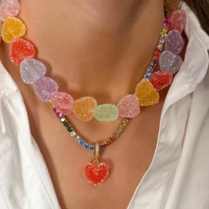 Tiktok New Cute Candy Love Charm Pendant Necklace Accessories Colorful Heart shaped Jewelry Necklace Sets for Women