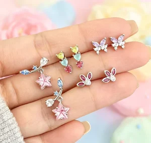 Tiny Purple Butterfly Stud Earrings Colorful Cubic Zircon Silver Plated Earrings for Girls