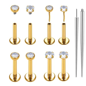 Titanium 16G 18G and 20G Threadless Internally Threaded Flat Back Labret Earrings with Zircon Inlay