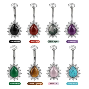 Titanium Bezel Set CZ Top With Pear Natural Stone Center Flower Belly Button Ring