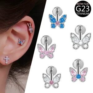 Titanium Butterfly Zircon Piercing Earrings Flat Back Ear Helix Hooks Body Jewelry Stud
