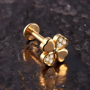 Titanium Classic Wedding Gift Fashion Piercing Jewelry 16G Heart CZ Labret 24K Gold Plated Durable Flat Back Lip Stud Bell