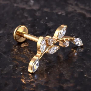 Titanium Classic Wedding Gift Fashion Piercing Jewelry 16G Heart CZ Labret 24K Gold Plated Durable Flat Back Lip Stud Bell