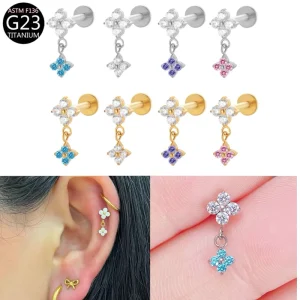 Titanium Flower Zircon Pendant Ear Bone Stud Dangle Earrings for Women Body Jewelry