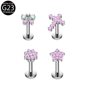 Titanium G23 Heart Cross Butterfly Pink Zircon Internal Threaded Piercing Earrings Lip Rings Body Jewelry Trendy for Women