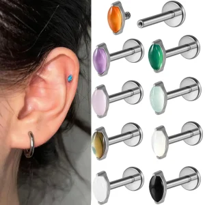 Titanium G23 Horse Eye Ear Cartilage Studs Medical Grade Body Jewelry with Natural Stone