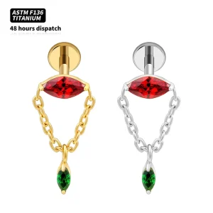 Titanium Internally Threaded Body Jewelry with Garnet and Green Zircon Charms