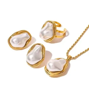 Titanium Steel 18K Gold Stainless Steel Pearl Open Ring Women’s Fashion Necklace Earrings Ring Jewelry