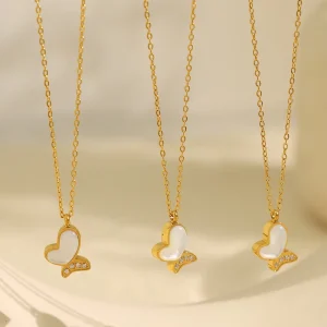 Titanium Steel Bathing No removal Natural White Fritillary Butterfly Necklace CNC Zircon Inlaid Electroplated Fashionable Chain