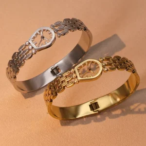 Titanium Steel Bracelet with Fashionable Watch style Design Gold plated Hollow Versatile Women’s Open Cuff Bracelet in Stock