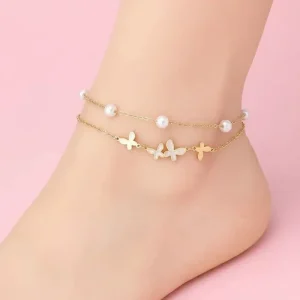 Titanium Steel Pearl Transfer Bead Zircon Flower Butterfly Four Leaf Clover Stainless Steel Anklet