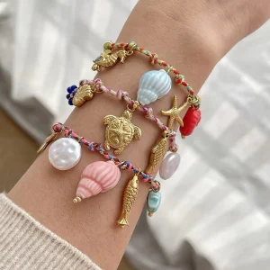 Titanium Steel Woven Bracelet with Ceramic Shell & Pearl Charms