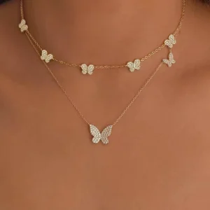 Top Fashion Lovely Minimal Delicate Tiny Cz Butterfly Charm Necklaces for Women Ladies Cute Girl Christmas Gifts Sweet Jewelry