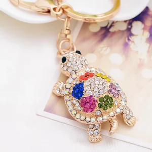 Tortoise Key Chain Rhinestone Colorful Crystal Metal Key Ring for Bag Charm Accessories