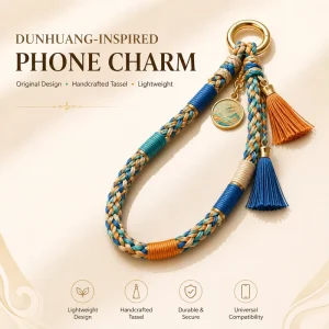Traditional Dunhuang Color Block Braided Phone Wrist Charm Enamel Landscape Coin & Double Silk Tassels