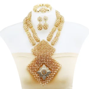 Traditional Nigerian Red Bead Necklace Set Gold Plated African Jewelry with Crystals