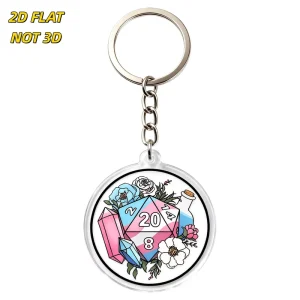 Trans Pride D20 Acrylic Keychain Floral and Crystal Design with Potion Bottle for Bags Keys and Backpacks Durable Clear Tag