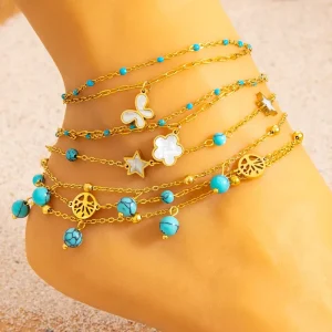 Tree of Life Turquoise Pearl Anklet Stainless Steel Zircon Chain Women’s Designer Foot Jewelry