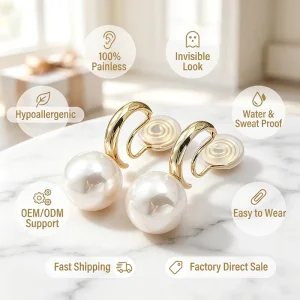 Trend 18K Gold Plated Pearl Shell Earrings Invisible Clip on Earring Painless Waterproof Tarnish Free Jewelry for Women