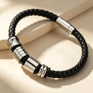 Trend Fashion Design Unisex Leather Bangle 316L Stainless Steel Magnetic Buckle Black Braided Leather Bracelet