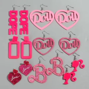 Trend Romantic Gift Jewelry Sweet Designer Heart Glitter Custom Doll Pink Letter Long Acrylic Drop Earrings Unisex