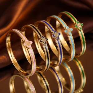 Trend Stainless Steel Gold Plated Four Leaf Clover Enamel Zircon Waterproof Women Fashion Bangle Bracelet