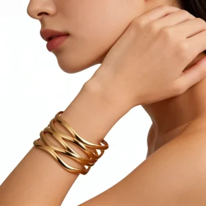 Trending 5-Layer Wave Open Cuff Bangle 316L Stainless Steel Vacuum 24K Gold Plated Minimalist Jewelry for Women