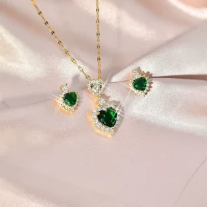 Trending Heart Stud Earrings Hypoallergenic Ladies Bridal Jewelry Set Wedding Quality Emerald Necklace Zircon Party Fashion