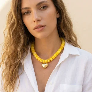 Trending Resin Bead Heart Necklace Summer Fashion Women Collarbone Chain Cute Daily Wear Accessory Gold Tone Pendant