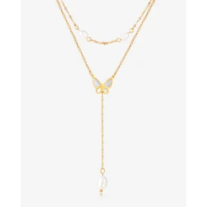 Trending Stainless Steele Layered Lariat Long Necklaces for Women Butterfly Shell Freshwater Pearl Pendant Charm Necklace