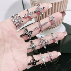 Trends Fashionable Vintage Ring for Women Cross Punk Dark Personality Trendy Niche Open-end Ring Zircon-encrusted Ins Ring