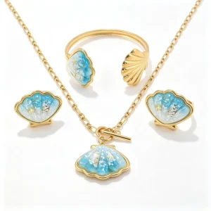 Trendy 14K Gold Plated Bohemia Ocean Jewelry Set Mermaidcore Stainless Steel Sea Shell Necklace Earrings Bangle Unisex Gift