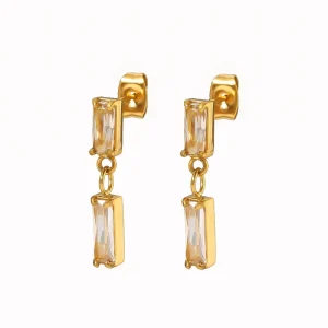 Trendy 18K Gold Plated Rectangular Zircon Chain Drop Earrings Stainless Steel Cubic Zirconia Baguette Stud for Women