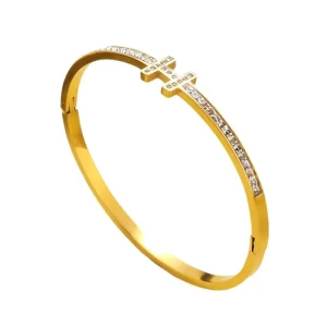 Trendy 18K Gold Plated Stainless Steel Bangle Bracelet Elegant Crystal Fashion Jewelry for Girls Charm Bracelets