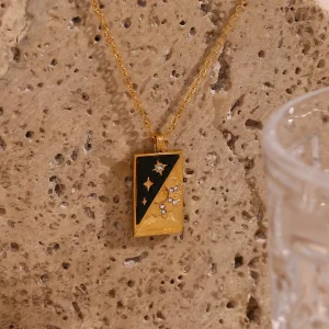 Trendy 18K Gold Plated Stainless Steel Necklace Square Enamel Zircon Tarot Cards Star Moon Pendant Unisex Link for Men Women