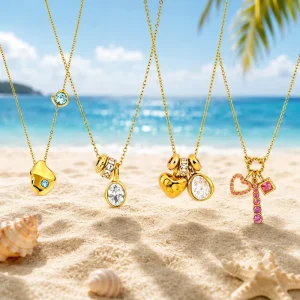 Trendy 18K Gold Plated Stainless Steel Necklace Zircon Set Colorful Pink Heart Bar Multi Charm Pendant Jewelry for Women