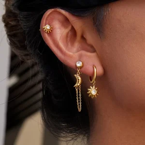 Trendy 18K Gold Plated Stainless Steel Stud Earrings with White Zircon for Women Star & Moon Jewelry Set Party