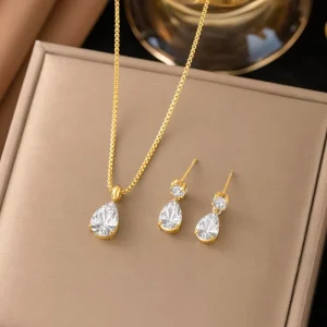 Trendy 18K Gold Plated Stainless Steel Teardrop Zircon Stone Pendant Necklace for Women Waterproof Jewelry Gift